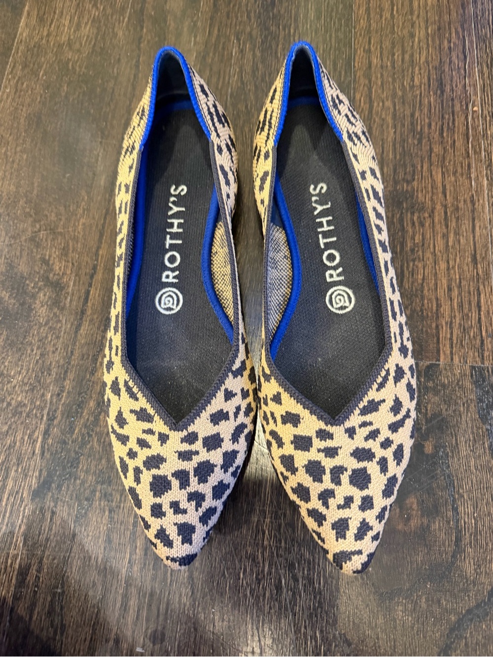 Rothy's Leopard Print Pointed Flats in Tan and Black with Blue Trim
